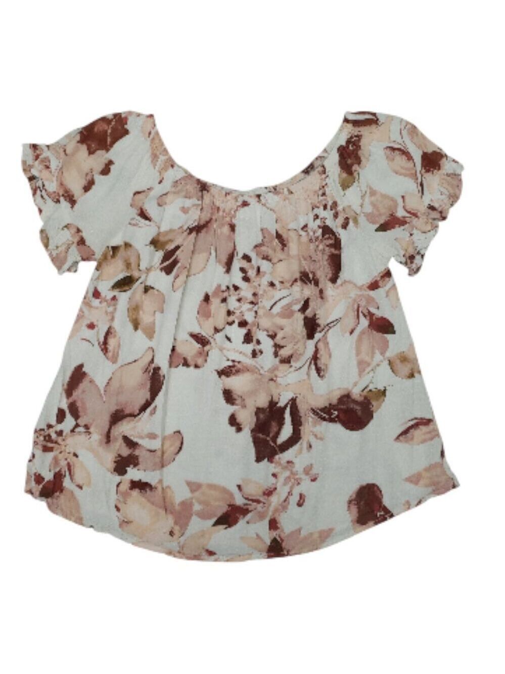 Knox Rose Womens Off-Shoulder Floral Beige Pink Short Sleeve Blouse Medium - Picture 3 of 4